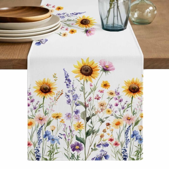 Sunflower Table Runner, Spring Floral Summer Botanical Pastoral Washable Cotton Linen Table Runners 108 Inches Long, Dresser Scarf Runner for Dining/Living Room/Kitchen/Square Tables 13''x108''