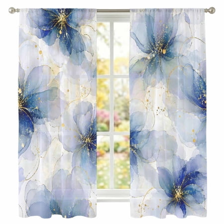 Sky Blue Floral Sheer Curtains 63 Inches Long 2 Panels Rustic Watercolor Blooming Peony Petals Gold Line Semi Sheer Rod Pocket Window Curtains Light Filtering Drapes for Living Room Bedroom