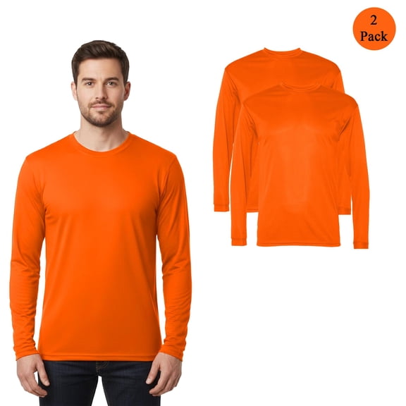 C2 Sport Mens Performance Long Sleeve T-Shirt, Durable Hi Vis Safety Orange Workwear Tee 2-Pack S