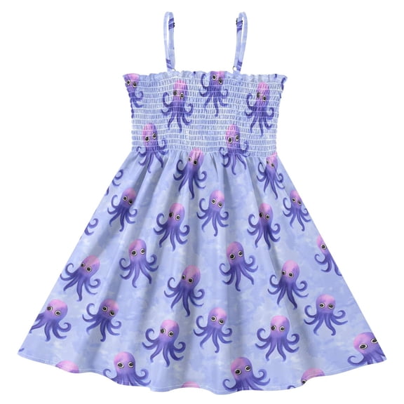 joogoo Girls' Octopus Print Cami Dress Kids Sleeveless Smocked A-Line Sundress for 5-6 Years Casual Summer Swing Dresses
