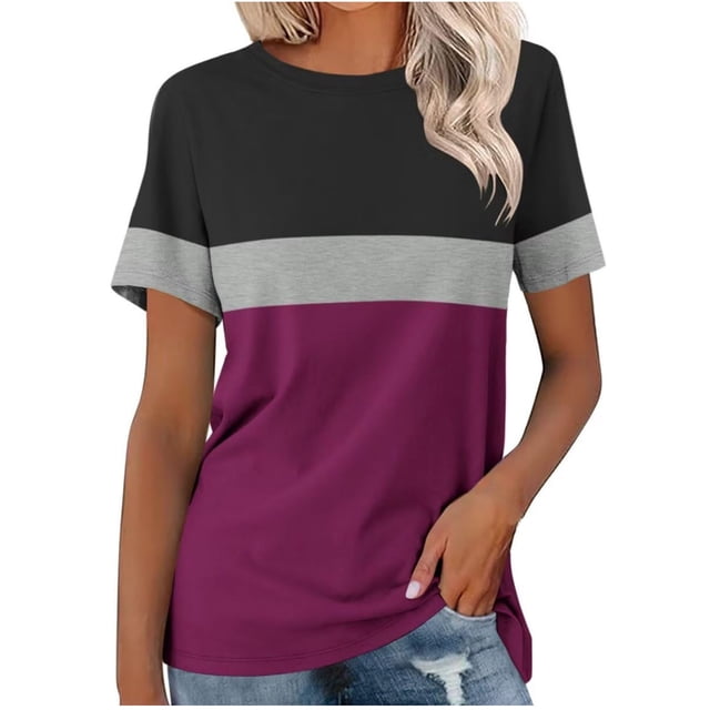 ameIAEA Été à Manches Courtes Tops pour les Femmes Col Rond Couleur Bloc Décontracté Tee Shirts
