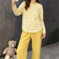 thumbnail image 4 of sdhkgrrt Women's 2 Piece Pajama Set Striped Long Sleeve Round Neck Pullover Tops Wide Leg Pants Casual Outfit Soft Comfy Stretchy Lounge Tracksuit, Yellow 2XL, 4 of 6