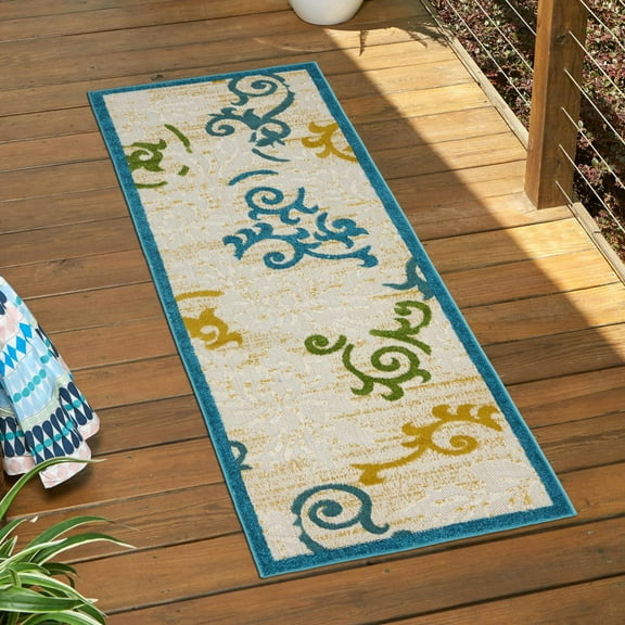 Unique Loom Outdoor Botanical Collection Area Rug - Savannah (2' x 6' 1" Runner Blue/Cream)