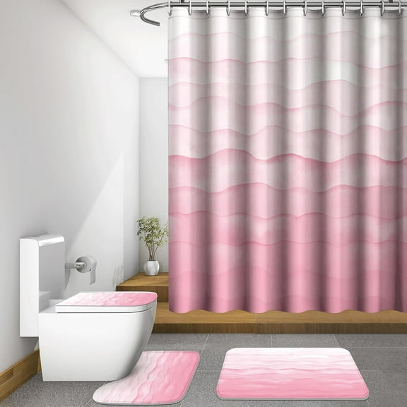 4 Pcs Pink Shower Curtain Sets, Bath Decor with Rug and Toilet Lid Cover, Modern Bathroom Curtain with 12 Hooks, 72 x 72 in