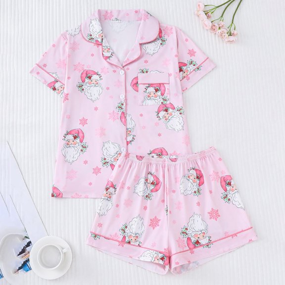 Womens Christmas Print Pajama Set Lapel Short Sleeve Top with Shorts Home