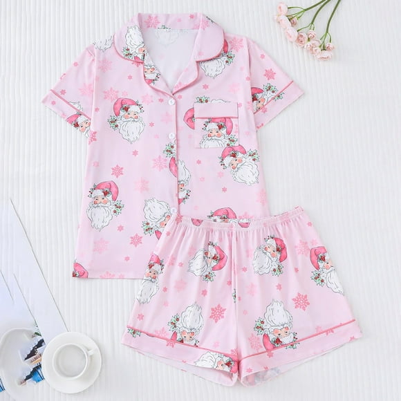 Soft Pajama Shorts for Women Large Size Ladies Pajamas Women's Tall Pajamas Flannel Pajama Women Shorts Set for plus Size Ladies' Christmas Prints Lapel Short Sleeves And S