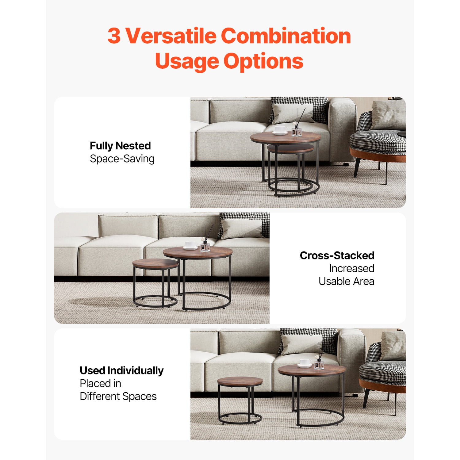 KFFKFF Nesting Coffee Table Set of 2, 23.6 in Round Tables, Ideal for Compact Spaces, End Side Tables or Night Stand with Metal Frame, Suitable for Living Room, Bedroom, Office