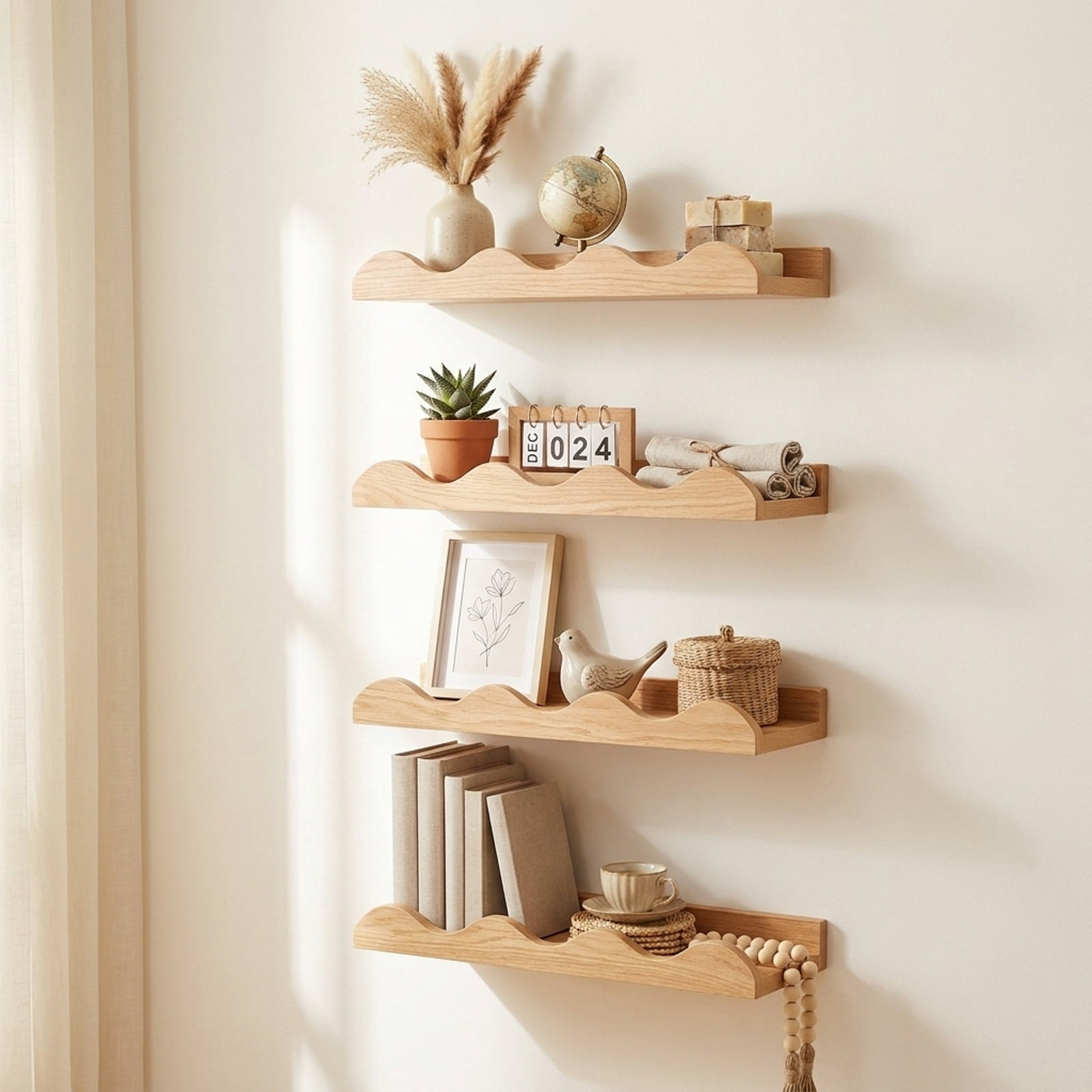 Furnibear 16 Inch Bookshelf Set of 4 Floating Book Shelves for Decoration Book Toy Storage for Living Room Home Office Bedroom Display, Natural