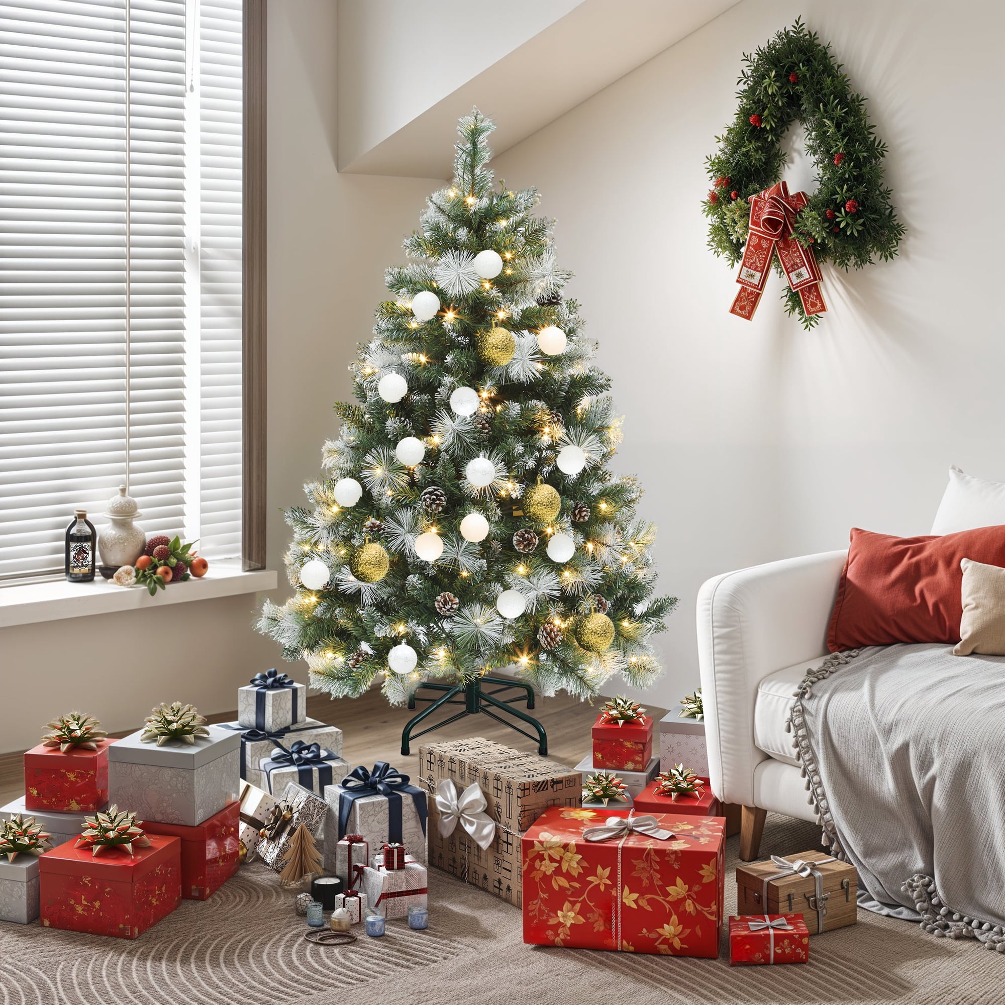 Dextrus 4.5ft Prelit Christmas Tree, Scotch Holiday Christmas Pine Tree with 396 Branch Tips,150 Warm-White Lights & 34 Pine-Cones, Remote Control, 11 modes, Green
