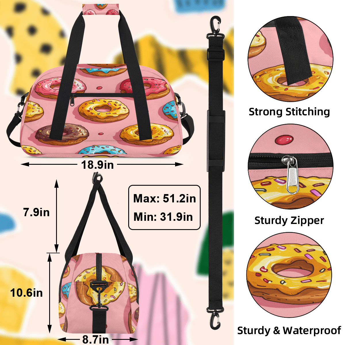 Herdesigns Donuts Sports Duffle Bag for Women & Men, Sweet Donut Gym Bag Dance Bag Overnight Bag Carry On Weekender Travel Bag