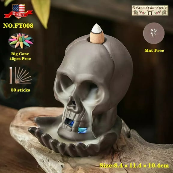 Ceramic Backflow Incense Burner, Home Decor Skull Waterfall 008 & 20pcs Cones Free