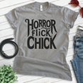 thumbnail image 2 of Horror Flick Chick T-shirt, Unisex Women's Shirt, Horror Movie Classic Film Lover Halloween Gift, Dark Heather Gray, Small, 2 of 6