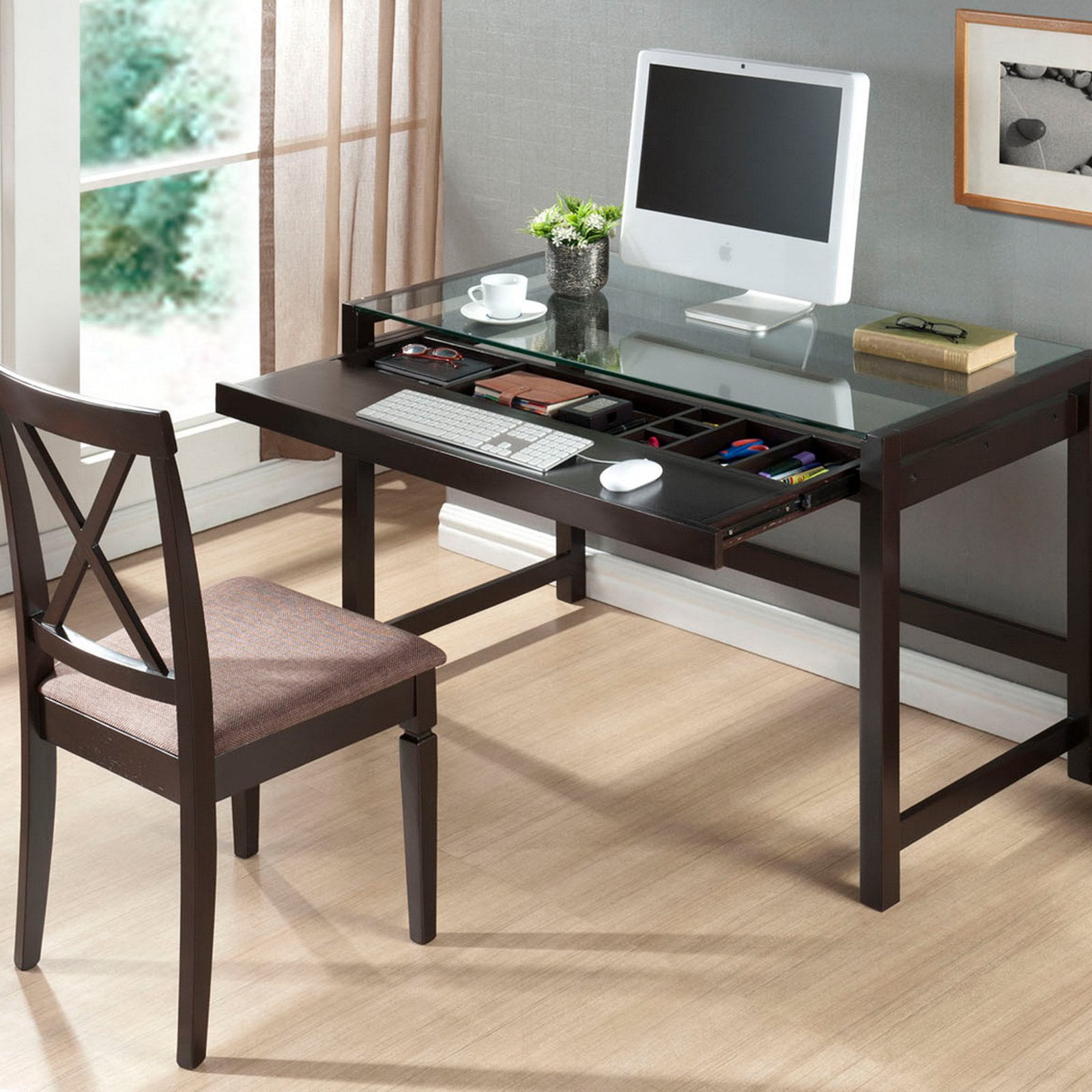 Glass Top Desks - Idabel Brown Wooden Desk With Glass Top glass top desks - idabel brown wooden desk with glass top