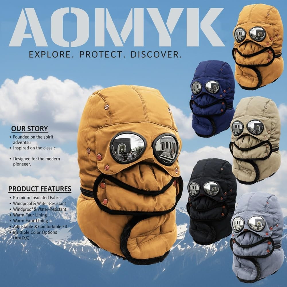 Winter Thermal Hat with Glasses, 4-in-1 Windproof Warm Hat with Detachable Face Mask & Goggles, Fleece Lined Ear Flaps for Skiing, Snowboarding, Motorcycle