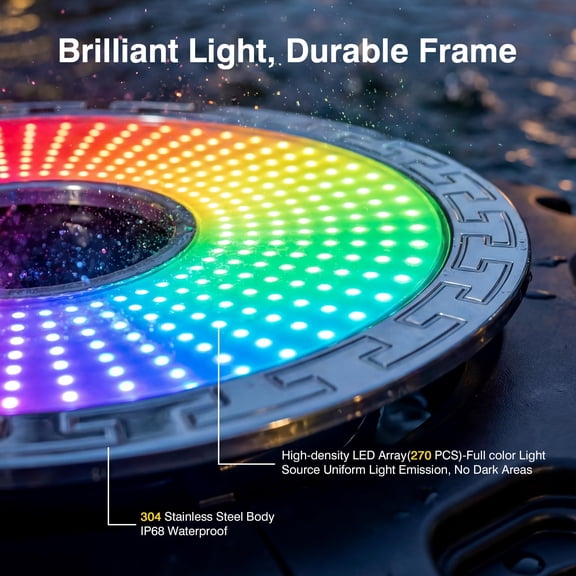LED Light for Pond Fountain Aerator , RGB Multicolor Aerator Floating Fountain Light, IP68 Waterproof, AC 120V, 100ft Cable with Controller, APP & Remote Control