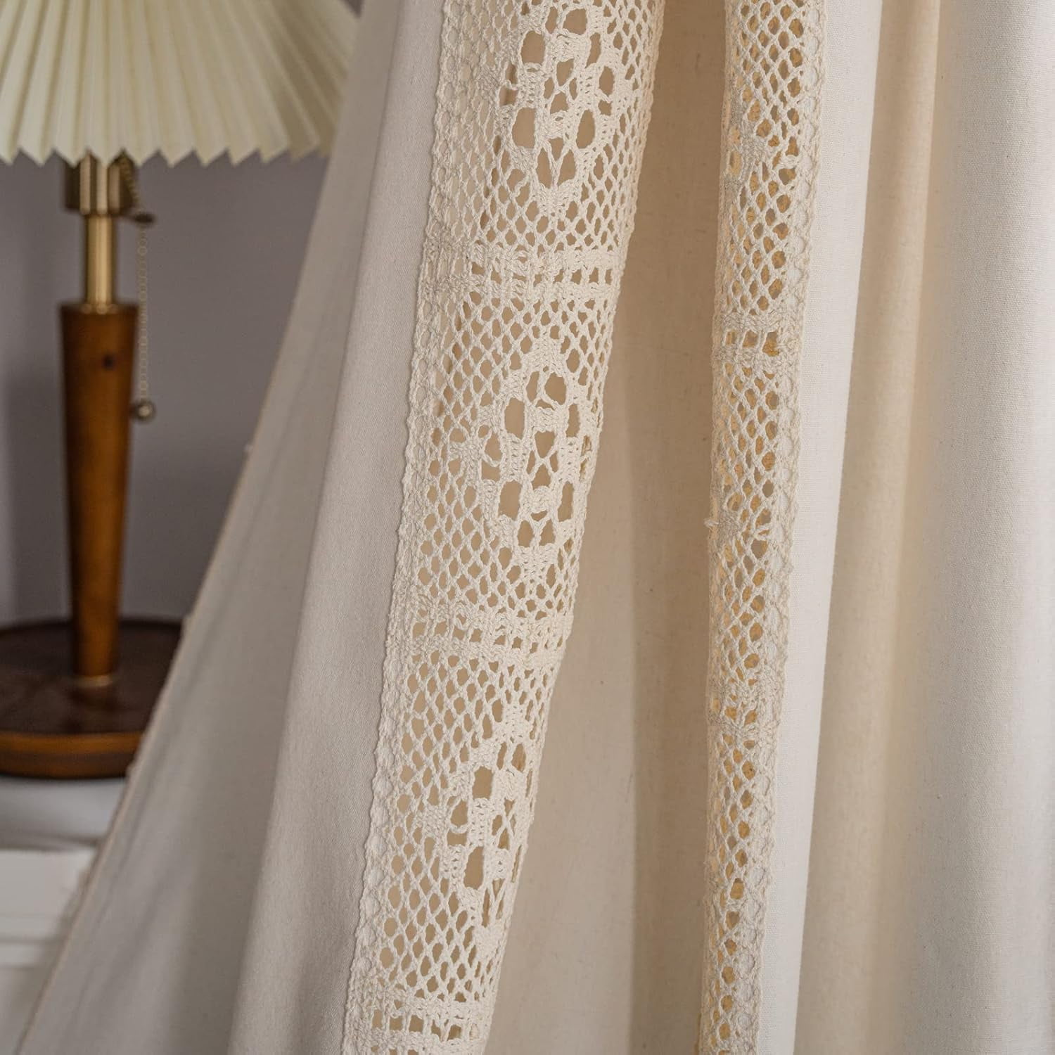 Vireellx Boho Curtains for Bedroom, Cream Hollow Crochet Stripes and Florals Print Cotton Linen Fabric Patchwork, Bohemian Beige Tassel Semi-Blackout Window Panel Farmhouse Drape