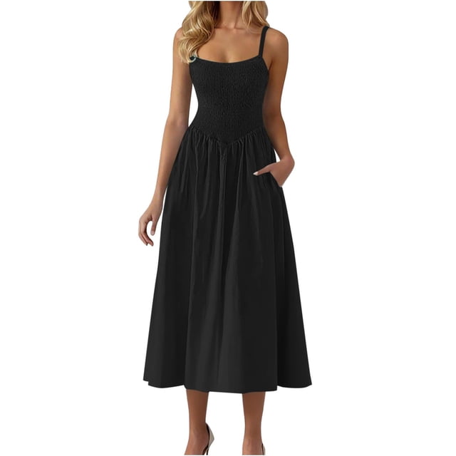 Yuyuzo Robes pour Femmes Décontractées Robes Maxi Smockées Bretelles Spaghetti Évasées Ligne A Longue Fluide Robe d'Été de Plage