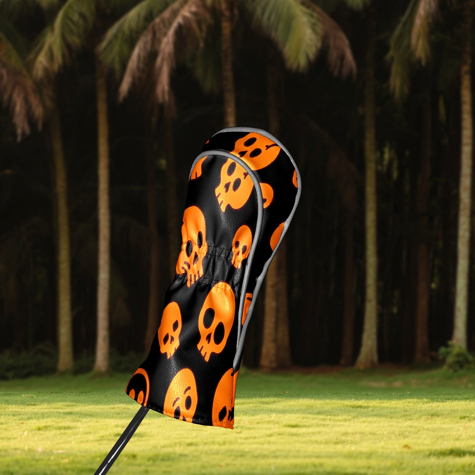 Golf Club Covers, Orange Skeleton Premium PU Leather Driver Hybrid Putter Head Covers with Velvet Lining, Waterproof Golf Gifts for Men Women