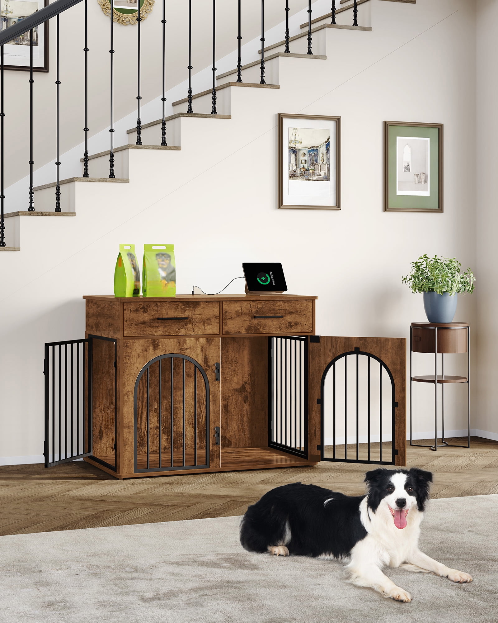 39.4"Wooden Dog Crate Furniture with 2 Drawers, Charging Station,for Medium/Large Dogs,Rustic Brown