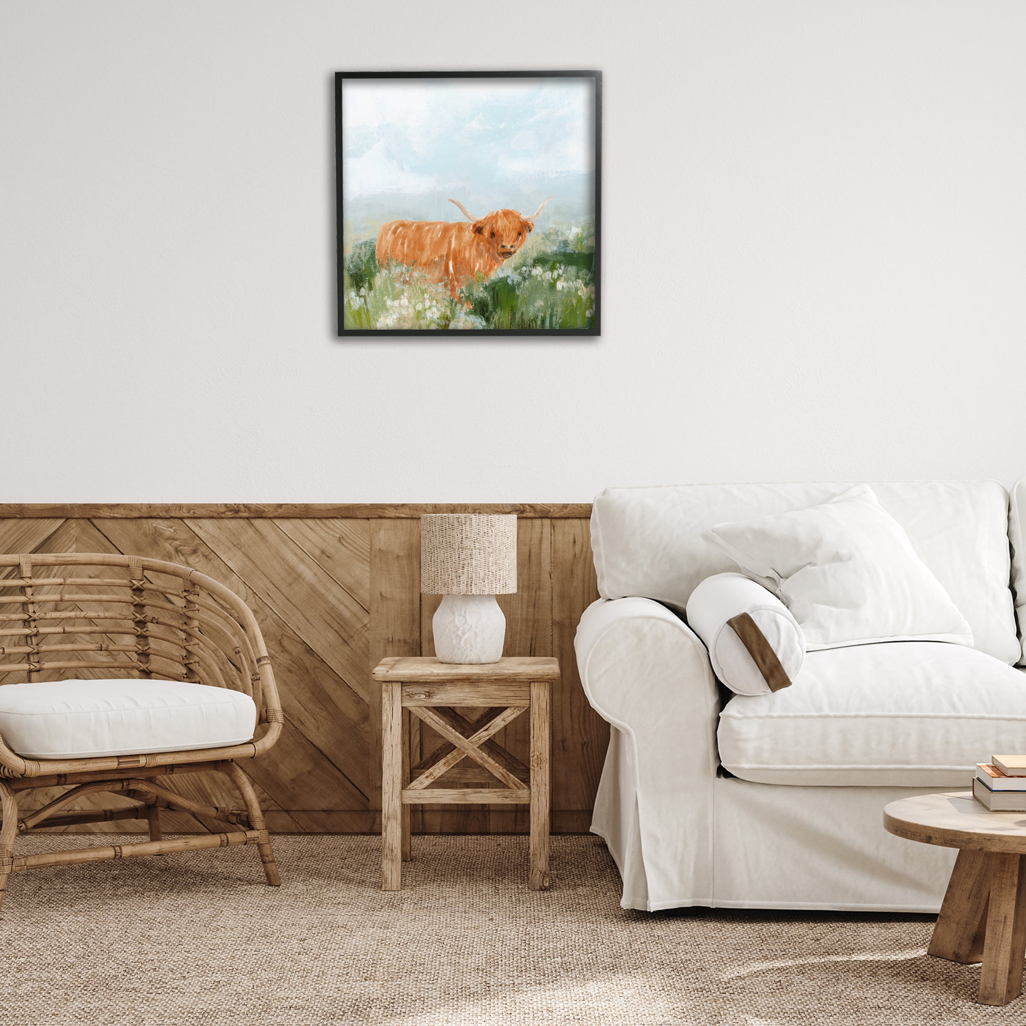 Stupell Industries Longhorn Cattle Country Field Animals & Insects Painting Black Framed Art Print Wall Art, 24 x 24