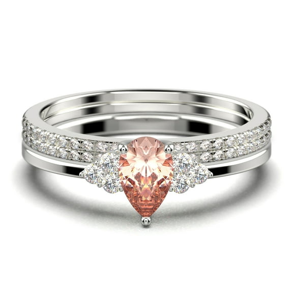 Dazzling Minimalist 2.25 Carat Pear Cut Affordable Ring, Morganite And Diamond Moissanite Engagement Ring, Unique Wedding Ring, Two Matching Band in 925 Sterling Silver With 18k White Gold Plating