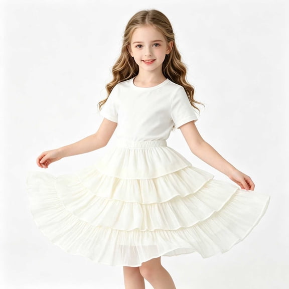 hoksml Girls Back to School Tiered Layered Skirt, Elastic Waist Mid-Length Flowy Skirt for Kids