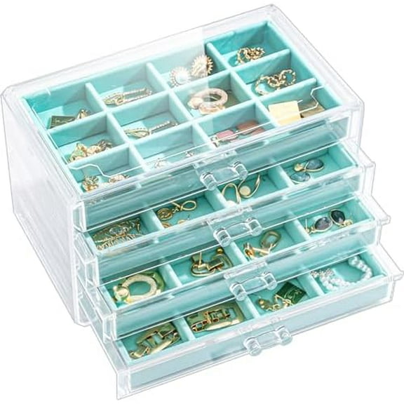 Earring Holder Organizer Box Jewelry Storage with 4 Drawers, Clear Acrylic Stackable Earring Case with Adjustable Velvet Trays for Women on Dresser Vanity -Aqua, 4 Layers
