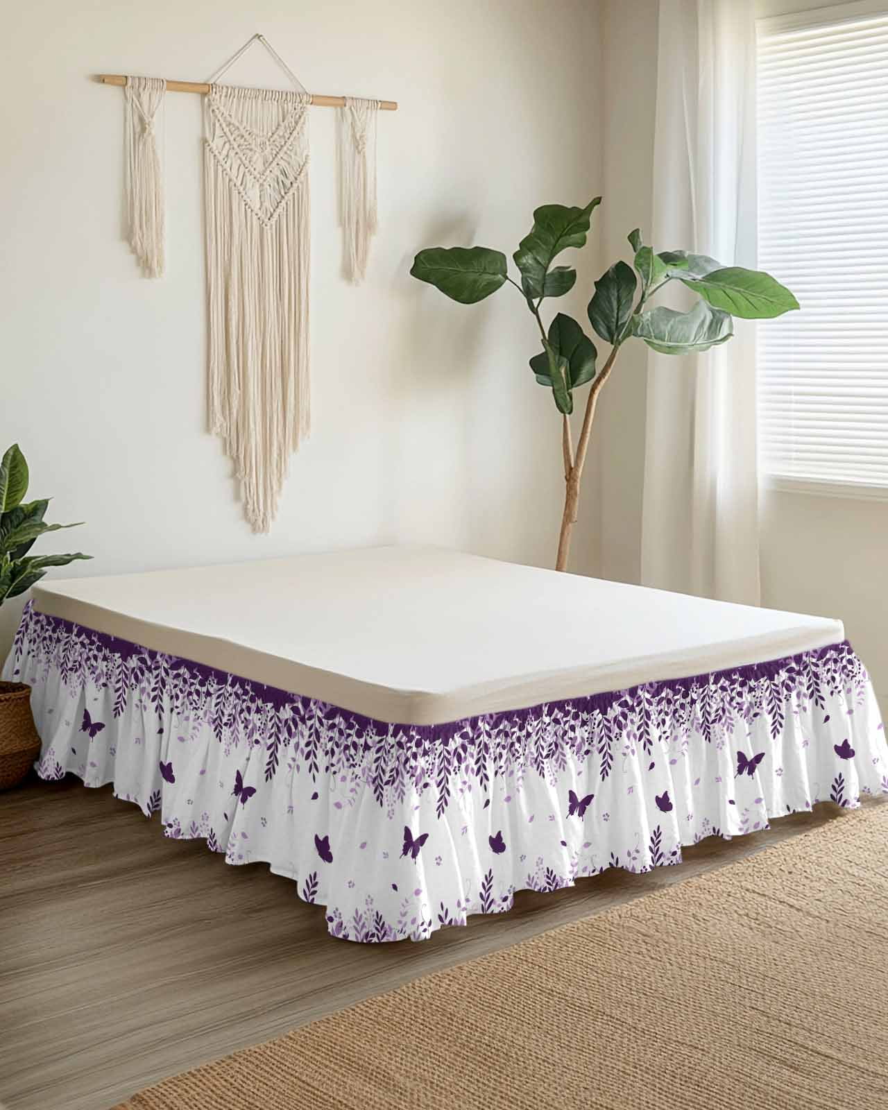 Butterflies Bed Skirt Queen Size 16 Inch Drop, Spring Purple Butterfly Falling Leaf Plant Silhouette Adjustable Elastic Dust Ruffles Bedskirt for Queen Bed Wrap Around Pleated Mattress Frame Cover