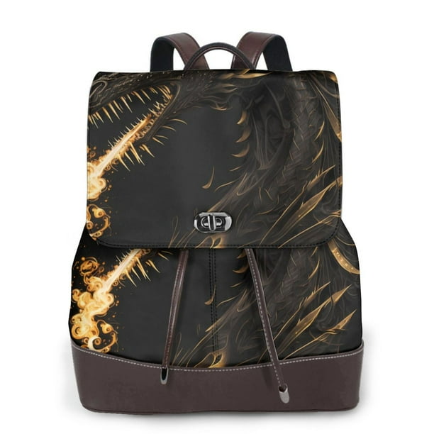 Balery Black And Gold Fire Dragon Mochila de Cuero para Mujeres, Gran Capacidad, Bolsa de Viaje Multifuncional, Mochila de Cuero y Bolsa de Hombro para Mujeres