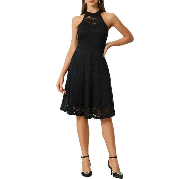 INSPIRE CHIC Women's Dress Floral Lace Halter Neck Sleeveless Elegant Cocktail A-Line Dress XS Black