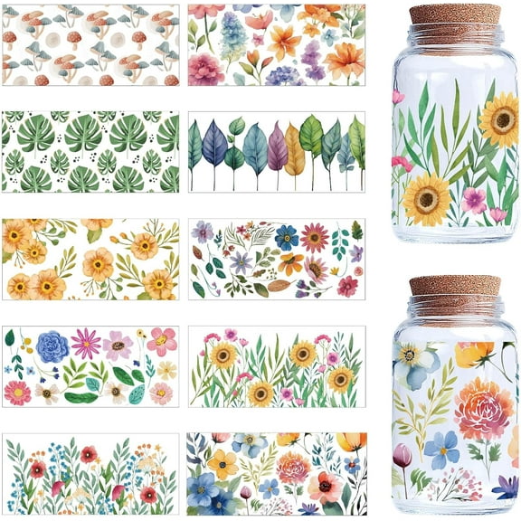 10 Sheets Plants Transfer Stickers for Glass Cups Rub on Transfers Decal UV DTF Cup Wrap Transfer PVC Waterproof Leaves Flowers Stickers Decals Bulk for DIY Furniture Crafts 9.44x4.33Inch