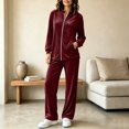 thumbnail image 6 of Women's Velvet 2 Piece Tracksuit Zip Up Jacket Wide Leg Pants Set Stand Collar Casual Lounge Sweatsuit with Pockets Fall Winter Loungewear Wine, 6 of 6