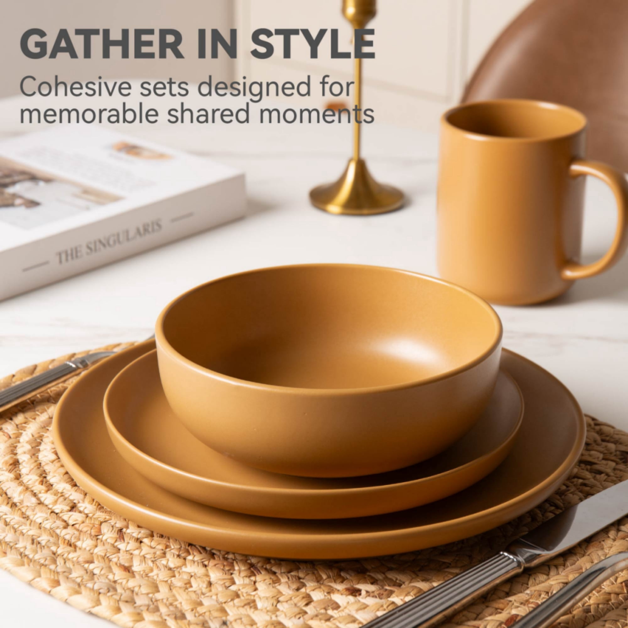 GARITIN 12-Piece Stoneware Dinner Plates Salad Plates Cereal Bowls Set, Microwave Dishwasher Safe Chip Resistant Stackable Matte Glaze Kitchenware Service for 4 Family Dining, Orange