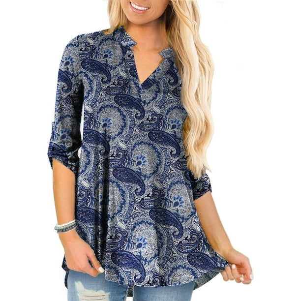 Tops de mujer Camisas de manga 3/4 con vuelta Blusas de cuello en V de talla grande Blusas tipo túnica