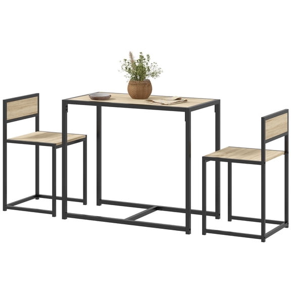 3 Piece Industrial MDF Steel Dining Table Set with 2 Chairs Black / Stools, Oak