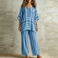 thumbnail image 3 of 2 Piece Sets for Women Plus Size Going out Pinstripe V- Neck Short Sleeve Elastic Waist Pocket Long Pants Sets, 3 of 6