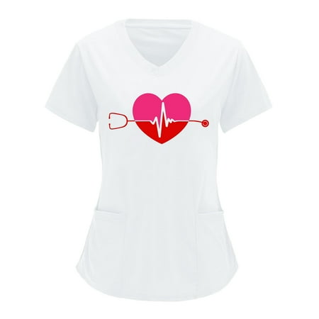

CZHJS Women s Short Sleeve Scrub_Tops with Pockets Clearance V Neck Spring Tops Working Uniform Tunic to Wear with Leggings Summer Vintage Shirts Ladies Love Heart Graphic White XXXL