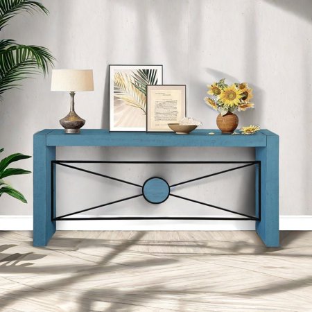 KEAIDO 64 Inch Long Console Table, Retro Sofa Table Behind Couch with Angled Metal Frame for Hallway, Living Room, Antique Blue