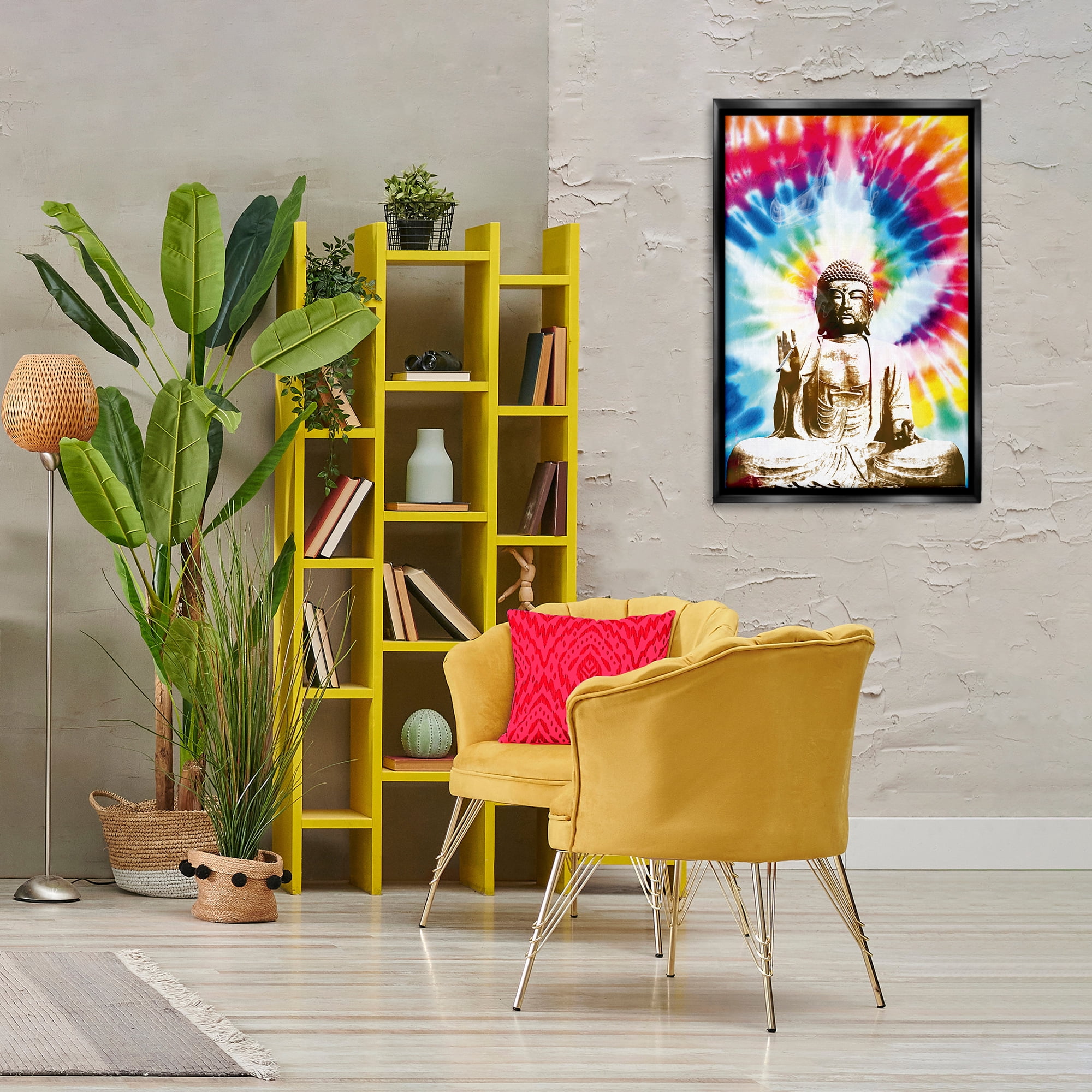 Stupell Industries Hippie Tie Dye Buddha Novelty & Humor Painting Black Floater Framed Canvas Art Print Wall Art, 21 x 31