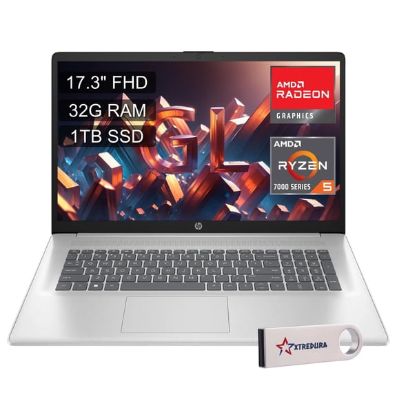 HP 2025 Business 17 inch FHD Laptop, AMD Ryzen 5 7430U Processor (Beats i5-1235U), 32GB RAM, 1TB PCIe SSD, 17.3" 1080p IPS Display, Webcam, WiFi 6, Bluetooth 5.3, Windows 11, XtreDura USB Drive