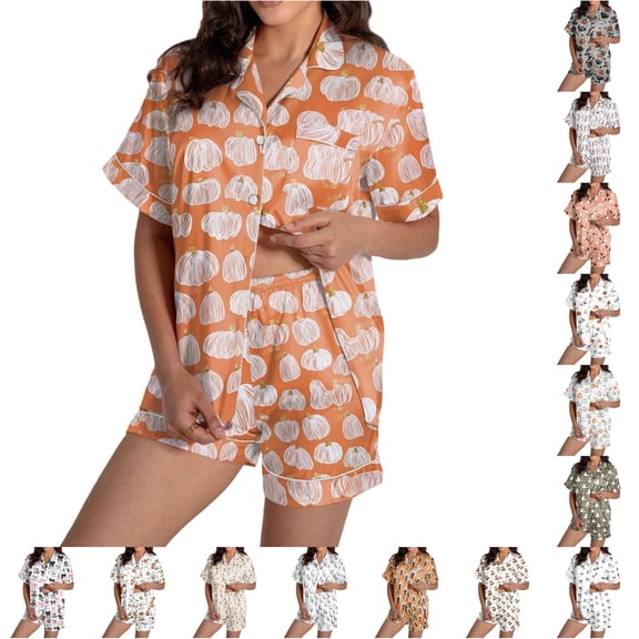 JAJAHO Halloween Women Pajama Sets Short Sleeve 2 Piece Pj Set Matching Button Shirt With Shorts