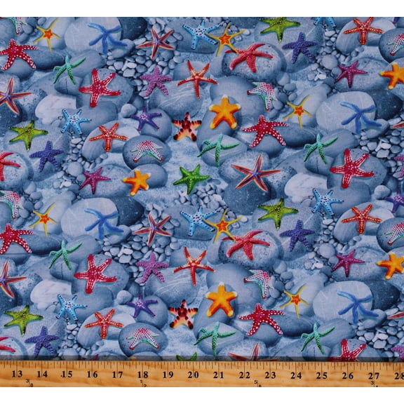Cotton Starfish Animals Aquatic Water Ocean Rocks Habitat Pebbles Blue Cotton Fabric Print by the Yard (MICHAEL-CD1977-BLUE)