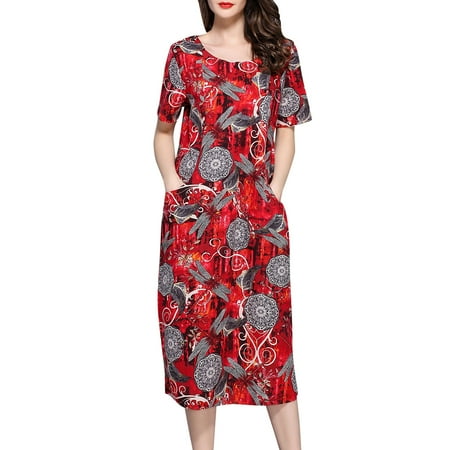 High Collar Dress - Kenancy Womens H Line Vintage Loose Fit Dragonfly Print Scoop Collar Dress