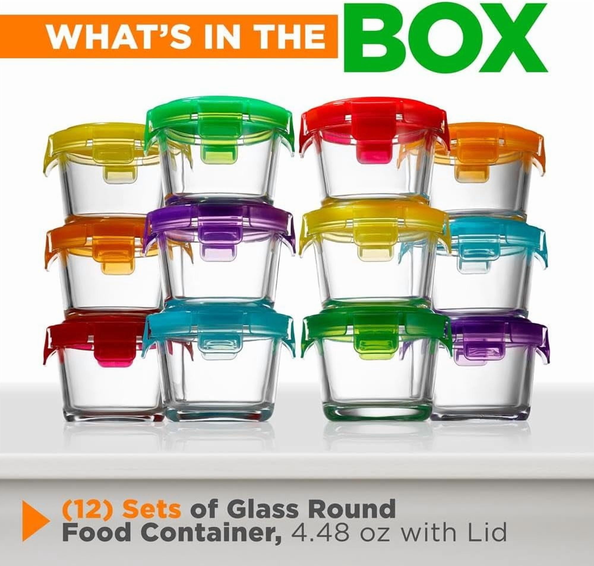 NutriChef 24-Piece 12 Glass Food Storage Containers and 12 Lids, 4.48oz Mini Stackable Meal Prep Round Containers - Microwave, Freezer, & Dishwasher Safe For Baby Food, Snacks, Fruits, Nuts & More