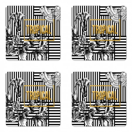 

Flower Coaster Set of 4 Exotic Petals with Tropic Butterfly over Minimalist Striped Background Square Hardboard Gloss Coasters Standard Size Black White Pale Coffee by Ambesonne