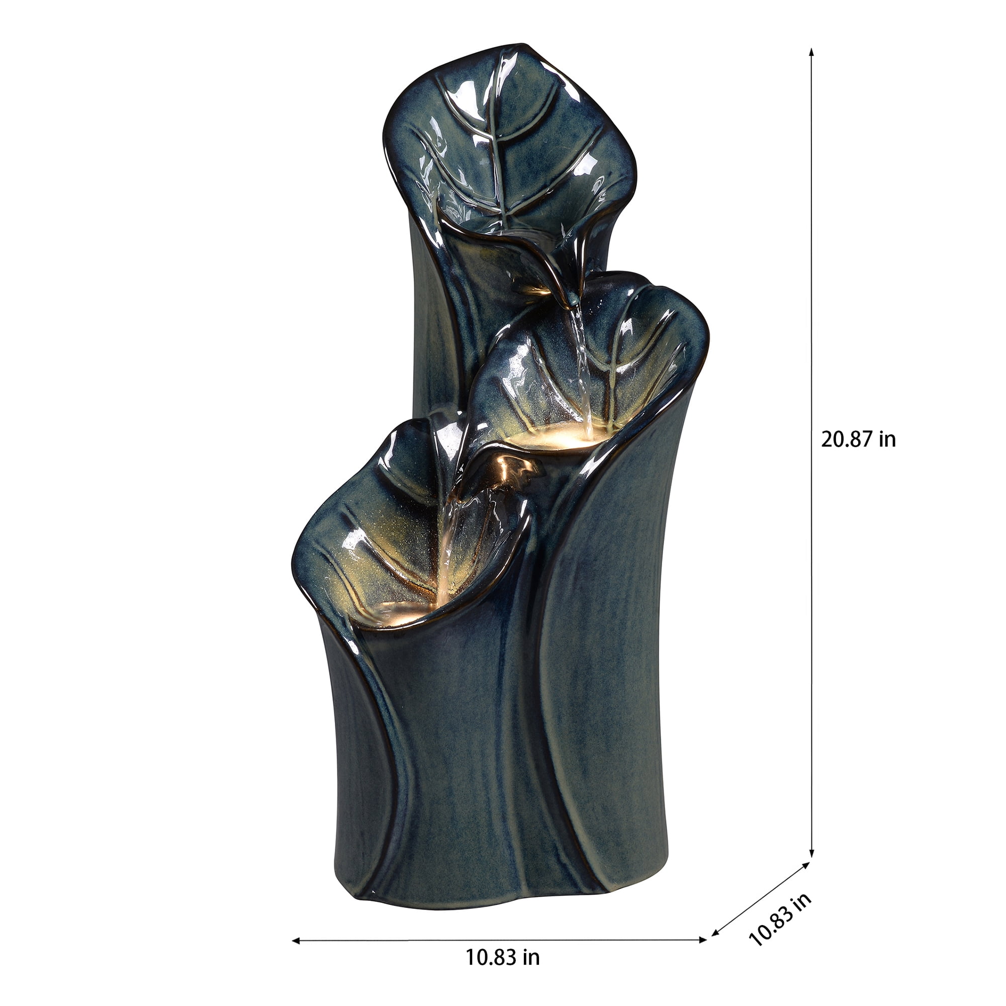 Blue Glazed Gray+Brown Ceramic Outdoor Water Fountain with Lights, Tiered Cascading Fountain, ETL Listed, Weather-Resistant Garden Water Feature with Pump for Patio, Deck, Porch & Backyard
