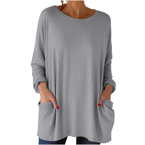 Tops de Manga Larga de las Mujeres Casual Color Sólido Cuello Redondo Suelto Encaje Superior con Bolsillo, Tops de Manga Larga de las Mujeres