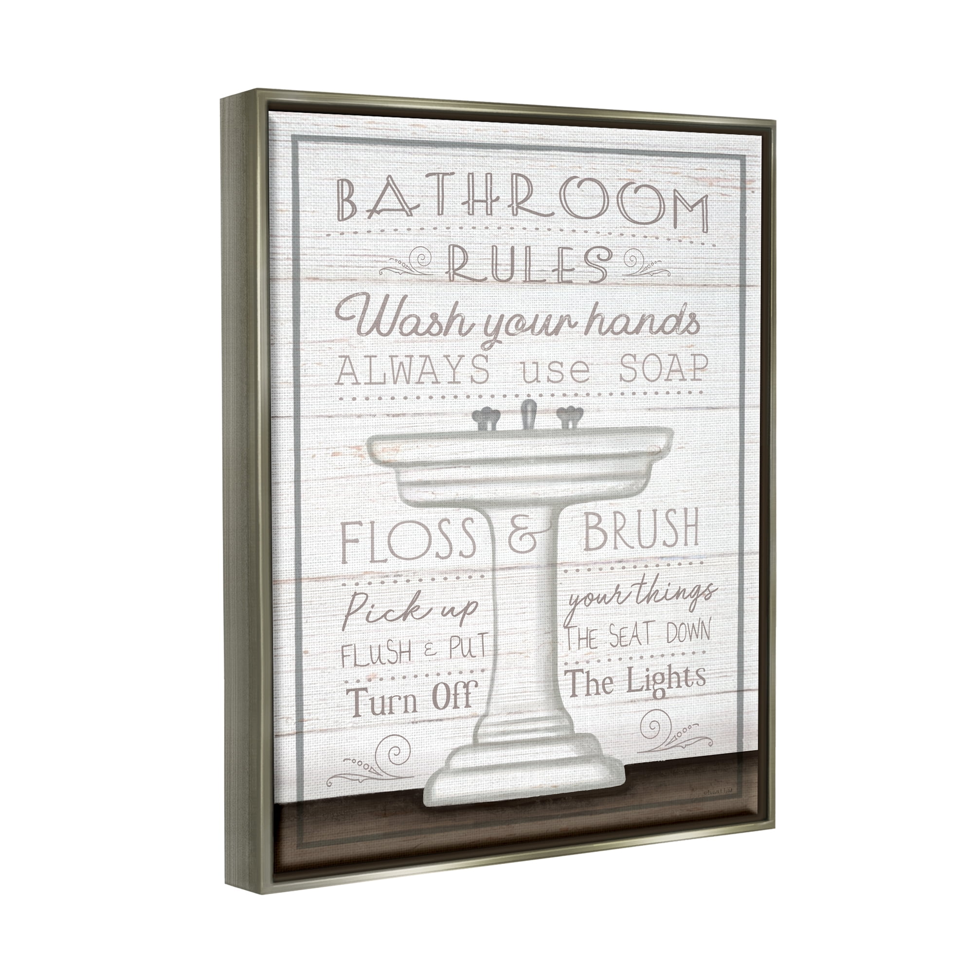 Stupell Industries Rustic Bathroom Rules Sink Typography Painting Gray Floater Framed Canvas Art Print Wall Art, 25 x 31