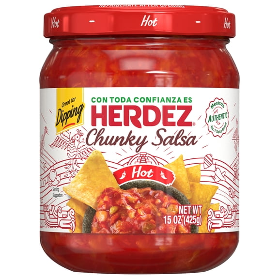 HERDEZ Chunky Salsa Hot, Tortilla Chip Dip, Shelf Stable, 15 oz Glass Jar