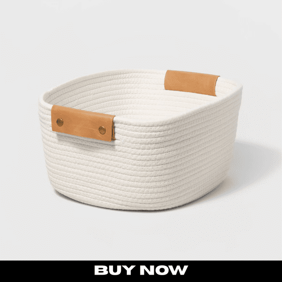 13" Decorative Coiled Rope Square Base Tapered Storage Basket, Small, Cream